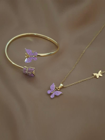 2入組紫色蝴蝶亞克力裝飾項鍊和手鐲首飾套裝
