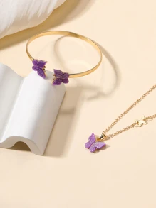 2 Stücke Lila Schmetterling Acryl Dekoriert Halskette mit & Armband Schmuck Set mit