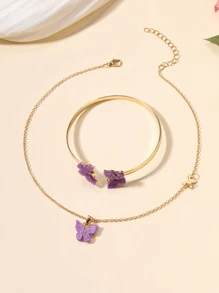 2 Stücke Lila Schmetterling Acryl Dekoriert Halskette mit & Armband Schmuck Set mit