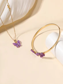 2 Stücke Lila Schmetterling Acryl Dekoriert Halskette mit & Armband Schmuck Set mit