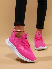 Giày Chạy Bộ Họa Tiết Chữ Thoáng Khí Cho Nữ, Giày Thể Thao Bằng Vải Màu Hồng Neon Ngộ Nghĩnh Cho Ngoài Trời - Hồng - Xem 3