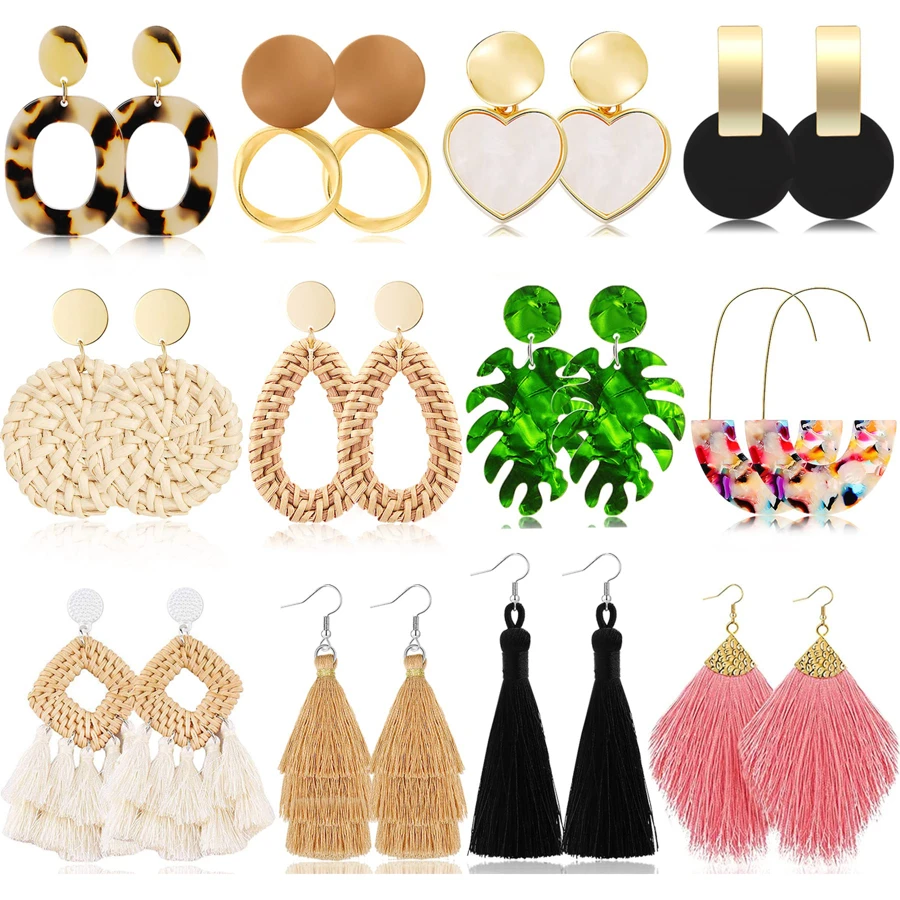 Yanxyad 12對波西米亞風格編織藤耳環帶流蘇,輕便亞克力藤蔓耳環 - A款:12對 - 查看 1