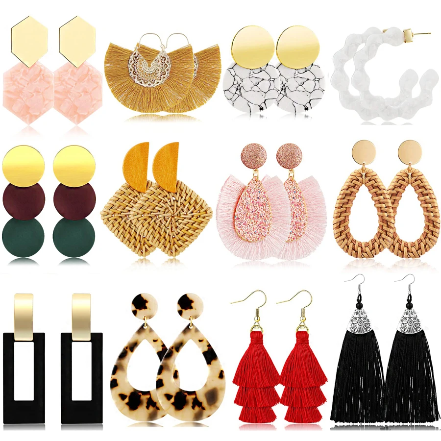 Yanxyad 12對藤編織流蘇波西米亞耳環亞克力輕便醋酸藤蔓耳朵裝飾品 - B款:12對 - 查看 1