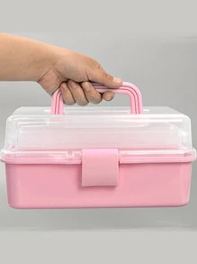1 pieza Caja de almacenamiento de plástico de 3 capas, Caja de almacenamiento multiusos, Caja de herramientas plegable para el hogar, Caja portátil para manualidades y artesanía, Organizador de suministros de costura, Caja de medicamentos - Rosa - Ver 2