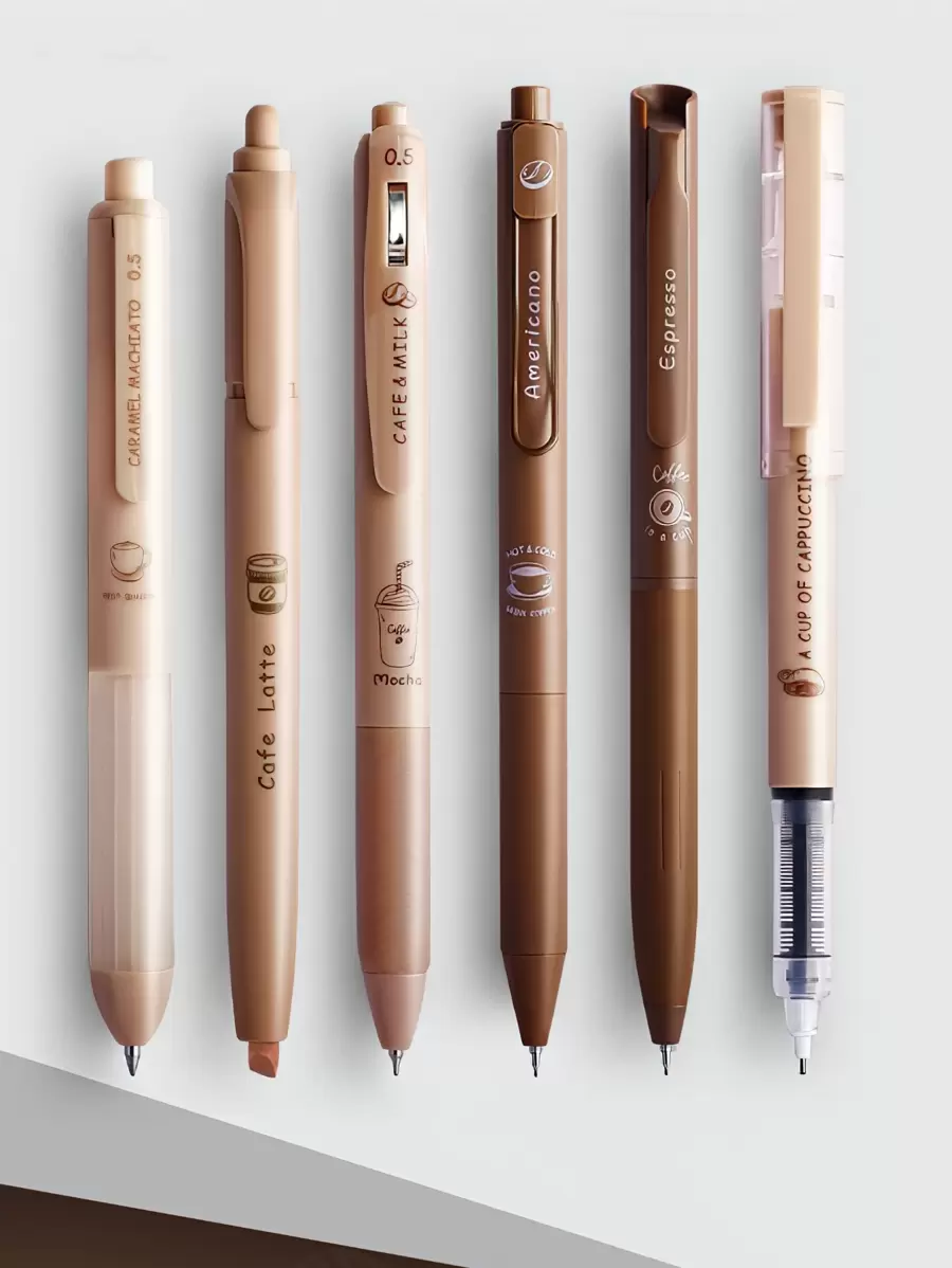 6pcs Coffee Time Gel Pens Highlighter Set 0.5mm Ballpoint Black Color Ink & Coffee Marker For Writing - Coffee Brown - View 1