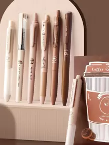 6pcs Coffee Time Gel Pens Highlighter Set 0.5mm Ballpoint Black Color Ink & Coffee Marker For Writing - Coffee Brown - View 2