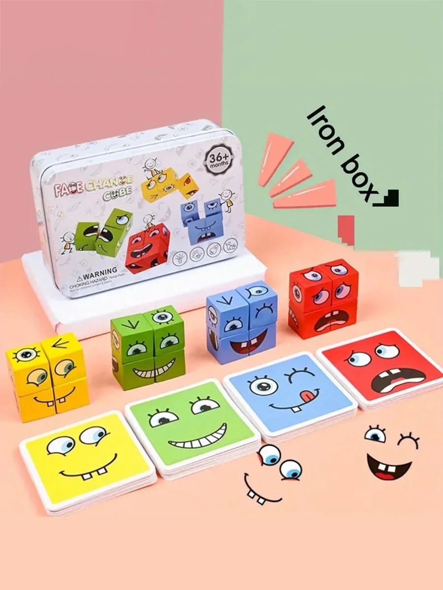 木制变脸魔方：表情匹配拼图积木游戏（带铃铛）——儿童和成人的益智棋盘游戏 - 彩色 - 查看 1