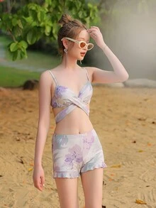 3件印花交叉圍裹比基尼套裝附罩衫洋裝 - 杏色 - 查看 4