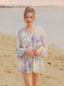 3件印花交叉圍裹比基尼套裝附罩衫洋裝 - 杏色 - 查看 1