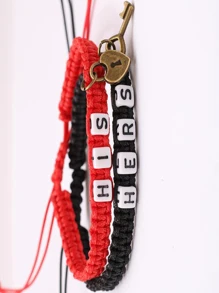 1pair Couple Bracelet With Lock & Key Shaped Pendant, Braided Rope Wristband Jewelry, Multiple Styles Available - Multicolor - View 4