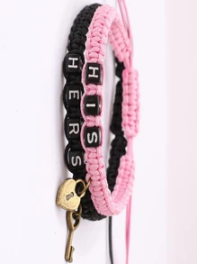 1pair Couple Bracelet With Padlock & Key Pendants, Braided String Wristband, Multiple Styles Available - Multicolor - View 2
