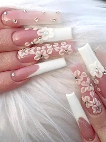 Elevate Your Style With 24pcs 3D Petal Long Coffin Flower Decor Full Cover Fake Nail Kit - Multicolor - View 1