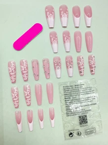 Elevate Your Style With 24pcs 3D Petal Long Coffin Flower Decor Full Cover Fake Nail Kit - Multicolor - View 2