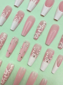 Elevate Your Style With 24pcs 3D Petal Long Coffin Flower Decor Full Cover Fake Nail Kit - Multicolor - View 3