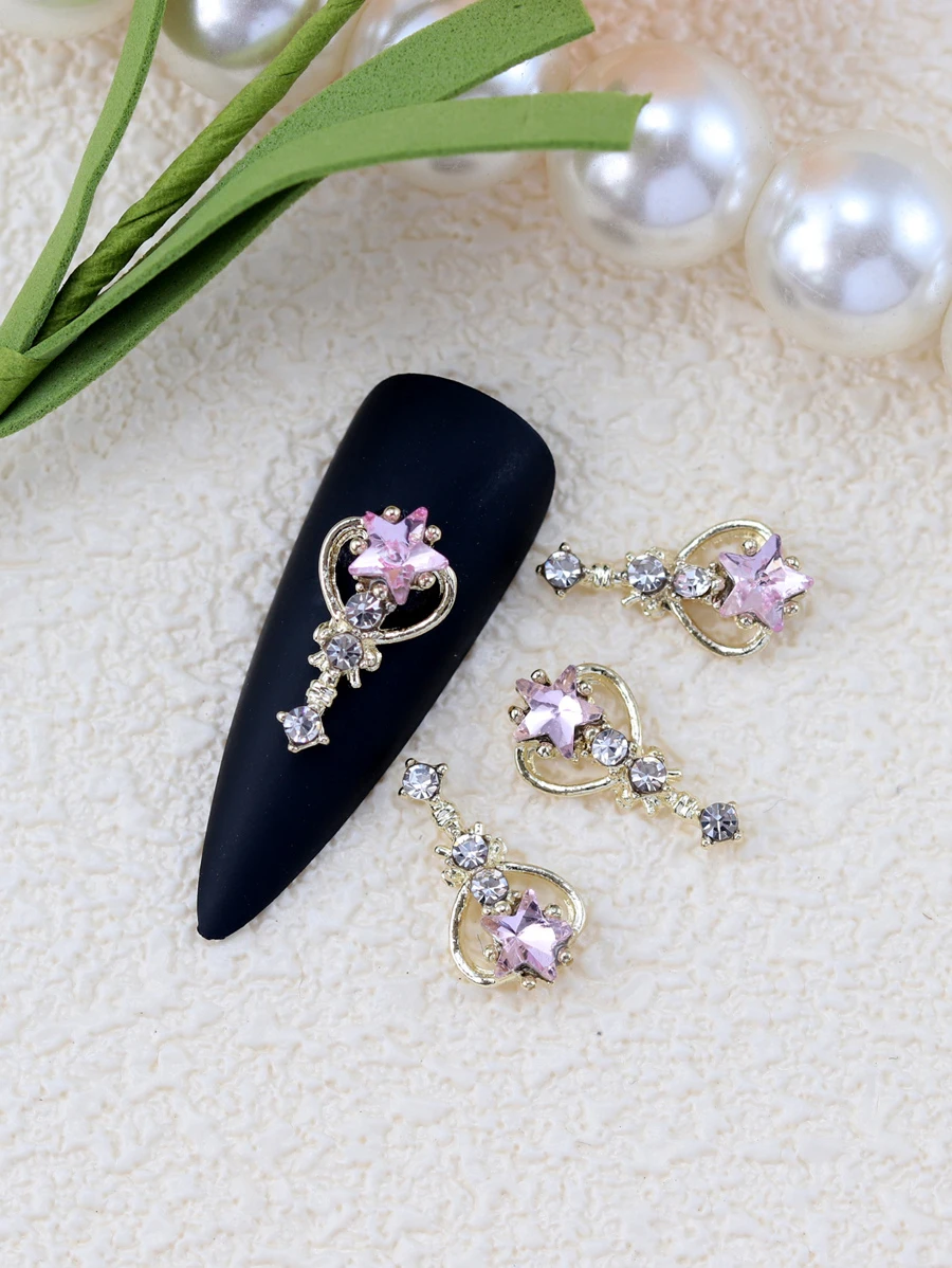 Decoración para arte de uñas con diseño de estrella de rhinestones, 10 piezas de adornos de joyería 3D para arte de uñas, accesorios para arte de uñas, suministros para salón de uñas - Rosa - Ver 1
