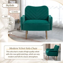 Modern Velvet Accent Chair, Upholstered Single Sofa Armchair with Rose Golden Metal Legs - màu xanh lá - Xem 3