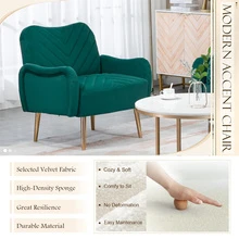 Modern Velvet Accent Chair, Upholstered Single Sofa Armchair with Rose Golden Metal Legs - màu xanh lá - Xem 4