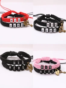 1pair Couple Bracelet With Lock & Key Shaped Pendant, Braided Rope Wristband Jewelry, Multiple Styles Available - Multicolor - View 2