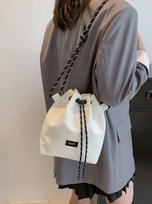 时尚水桶包女士尼龙布包轻便休闲抽绳水桶包粗绳单肩斜挎包 - 白色 - 查看 3