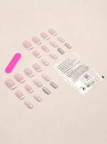 24 Uñas Postizas Cuadradas Cortas Simples De Estilo Francés Con Patrón De Hojas + 1 Lima De Uñas + 1 Pegamento De Gelatina - Multicolor - Ver 2