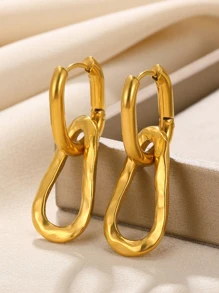 1pair Stainless Steel Ins Personalized Geometric Elliptical Design Metal Texture Cold Tone Ear Clip Earrings For Women - Yellow Gold - View 2