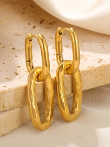 1pair Stainless Steel Ins Personalized Geometric Elliptical Design Metal Texture Cold Tone Ear Clip Earrings For Women - Yellow Gold - View 5