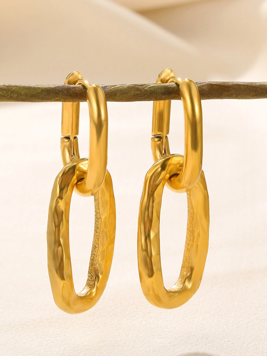 1pair Stainless Steel Ins Personalized Geometric Elliptical Design Metal Texture Cold Tone Ear Clip Earrings For Women - Yellow Gold - View 1