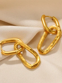 1pair Stainless Steel Ins Personalized Geometric Elliptical Design Metal Texture Cold Tone Ear Clip Earrings For Women - Yellow Gold - View 3