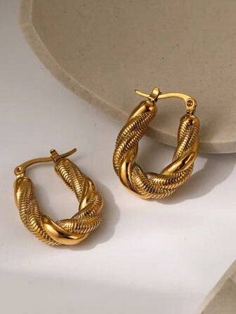 1Pair Delicate Light Luxury Linen Pattern Titanium Steel Earrings High-Grade Sense Of Europe And The United States Retro Earrings