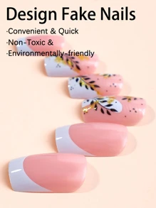 Elevate Your Style With 24pcs French Vine Long Square Leaf Pattern Full Cover Fake Nail Kit - Multicolor - View 4