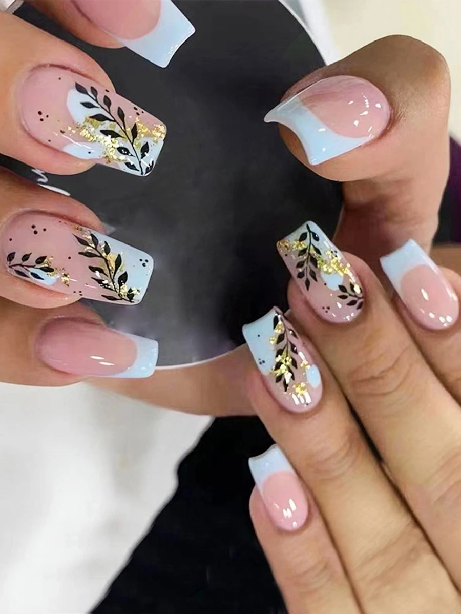 Elevate Your Style With 24pcs French Vine Long Square Leaf Pattern Full Cover Fake Nail Kit - Multicolor - View 1