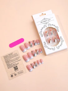 Elevate Your Style With 24pcs French Vine Long Square Leaf Pattern Full Cover Fake Nail Kit - Multicolor - View 2