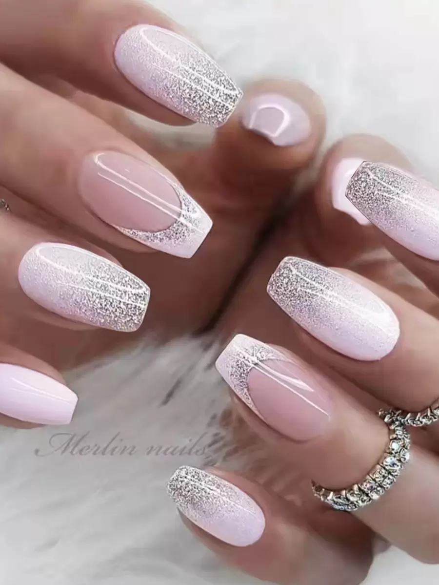24 Piezas De Uñas Postizas Baby Pink Francesa De Punta Corta En Forma De Ataúd Con Purpurina Y Cubierta Completa Para Mujeres Y Niñas - Rosa Pálido - Ver 1