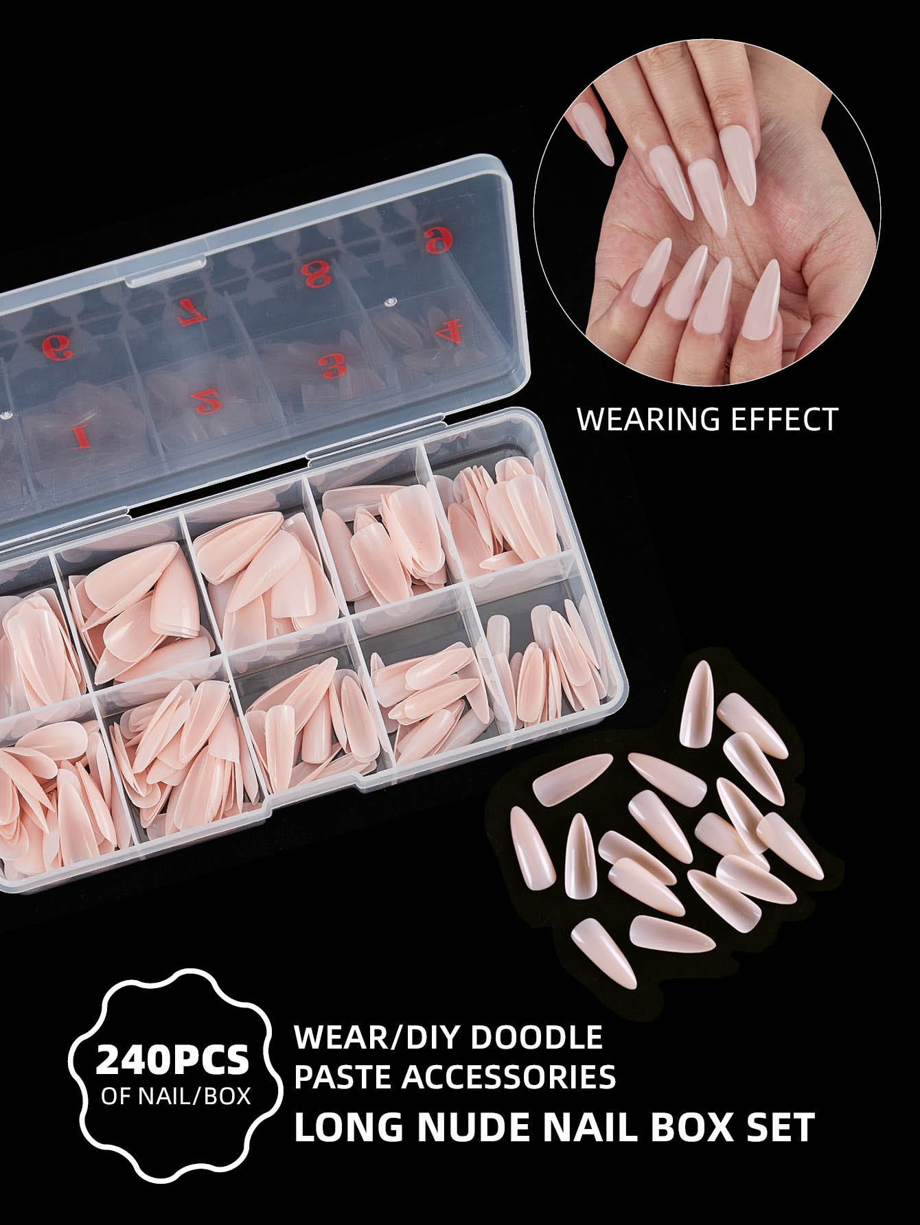 Thể hiện tình yêu của bạn với Bộ móng tay giả 240 chiếc Long Almond Solid Full Cover - Màu be - Xem 1