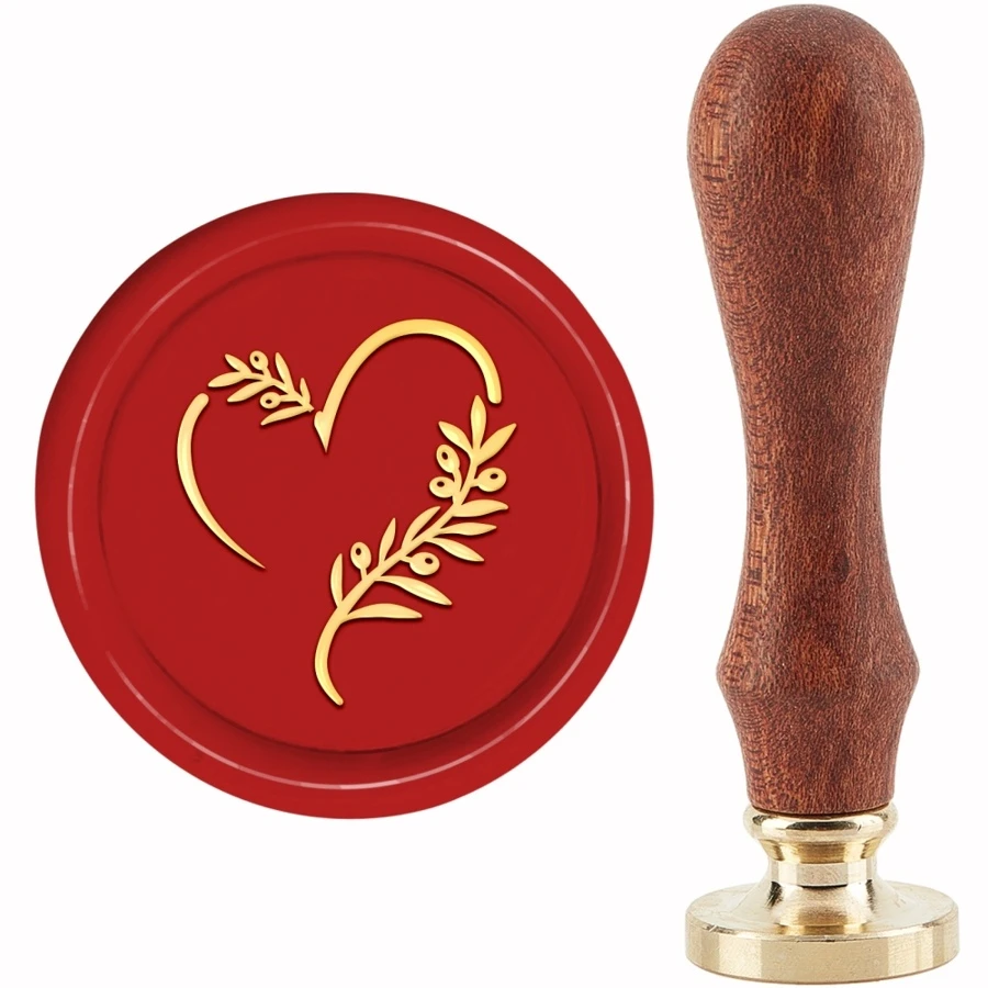 1套橄欖葉蠟印章愛情密封蠟印章30毫米/1.18英寸可拆卸黃銅頭密封印章帶木柄用於邀請函信封卡禮品剪貼簿裝飾 - 金色 - 查看 1