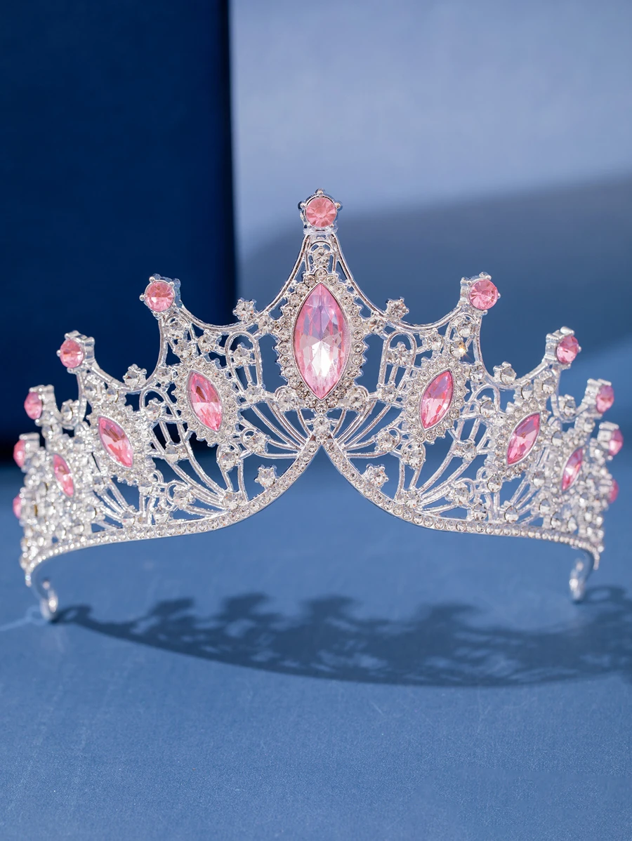 粉紅色公主皇冠服裝水鑽新娘頭飾頭飾婚禮女王皇冠選美舞會髮飾適合女士和女孩皇家 - 粉色 - 查看 1