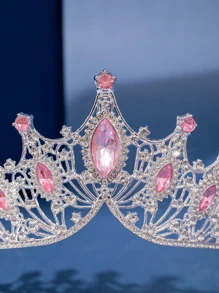 粉紅色公主皇冠服裝水鑽新娘頭飾頭飾婚禮女王皇冠選美舞會髮飾適合女士和女孩皇家 - 粉色 - 查看 2
