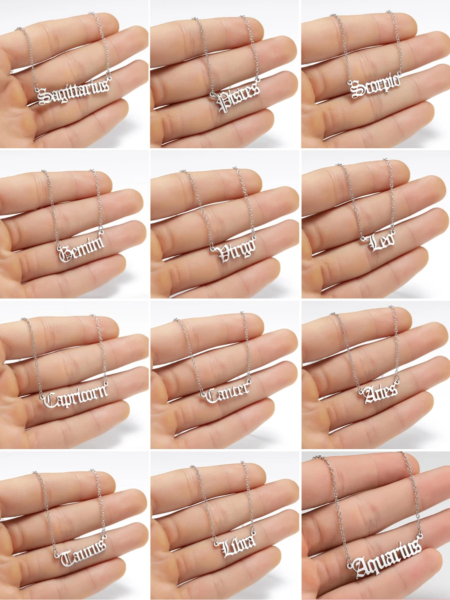 1pc Fashionable Minimalist Vintage Style Zodiac Sign & Old English Letter Engraving Stainless Steel Necklace For Women, Best Friend Birthday Gift - Silver - View 1