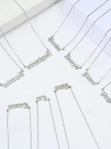 1pc Fashionable Minimalist Vintage Style Zodiac Sign & Old English Letter Engraving Stainless Steel Necklace For Women, Best Friend Birthday Gift - Silver - View 4