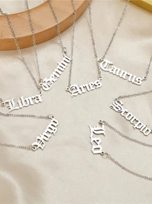 1pc Fashionable Minimalist Vintage Style Zodiac Sign & Old English Letter Engraving Stainless Steel Necklace For Women, Best Friend Birthday Gift - Silver - View 3