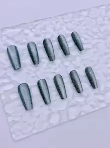 24入組黑色貓眼壓克力甲冑短棺材假甲，閃爍全覆蓋假甲，女性和女孩指甲用品 - 黑色 - 查看 3