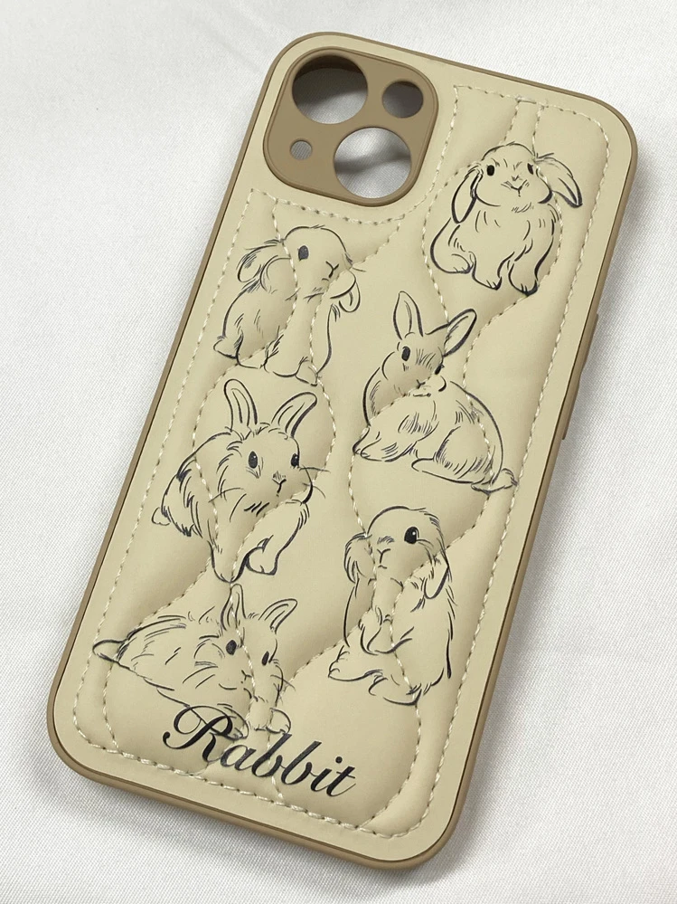 Puffer Jacket Style Cute Rabbit Hand-Drawn Design Phone Case Compatible With IPhone 14 Pro Max, 13, 14 Pro, 12, 11, Soft Silicone Creative Shockproof Protective Cover - Khaki - View 1