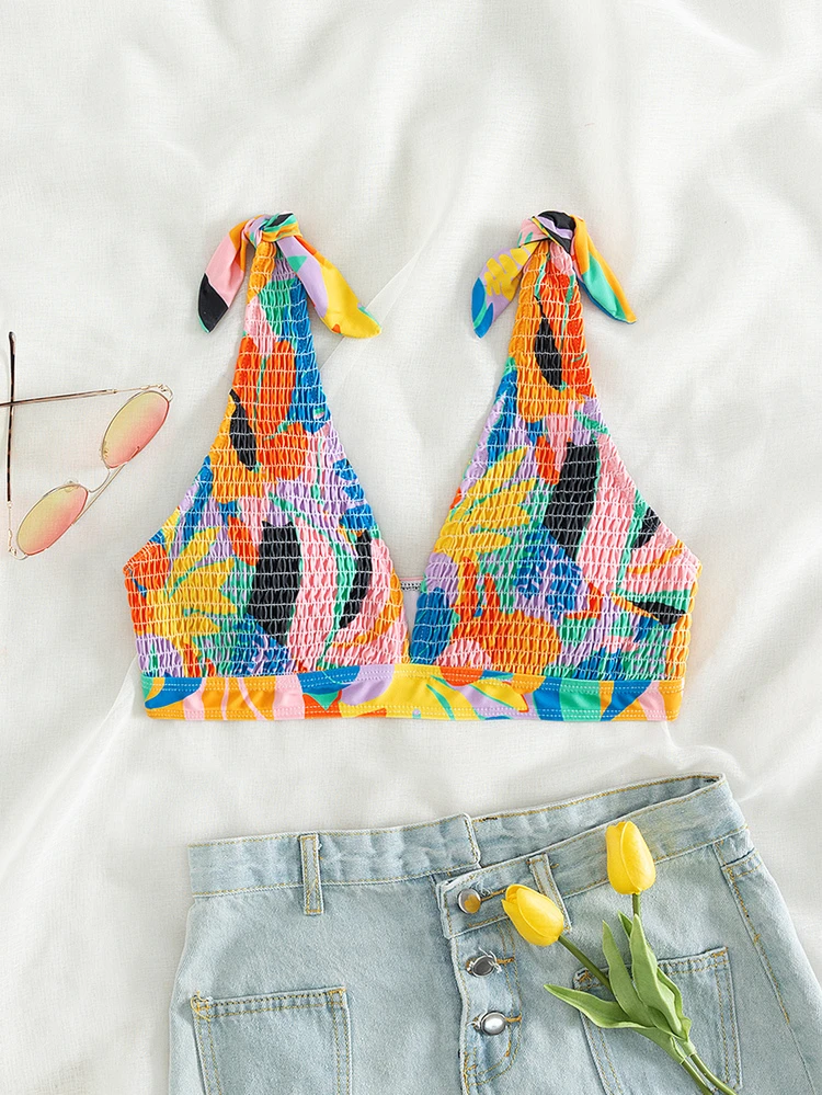 Smocked Tie Shoulder Bikini Top Summer Vacation Beach