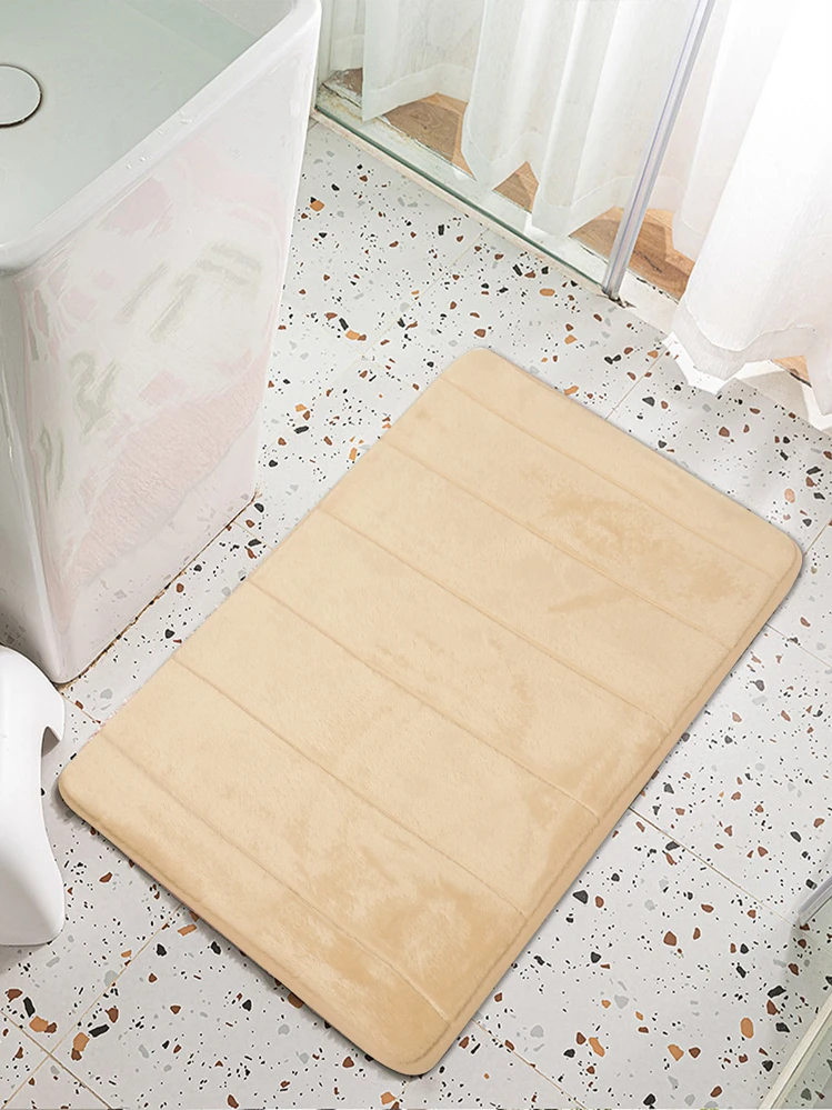 1pc Coral Fleece Striped Embossed Memory Foam Mat Carpet Rug, Water Absorbing Doormat For Home, Bathroom Home Bathroom Decor Outdoor Rug Door Mat Entryway Decor - Khaki - View 5