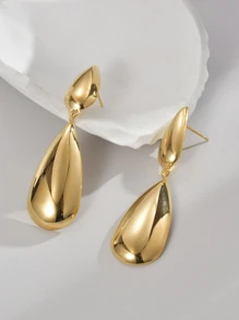 1 Đôi Bông Tai Nữ Thép Không Gỉ D Thiết Kế Hình Giọt Nước Phóng Đại - Vàng - Xem 2