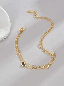 1 件不锈钢心形和贝壳设计女士双层手链，简约风格情人节、妈妈、母亲、母亲节、礼物 - 金黃色 - 查看 4