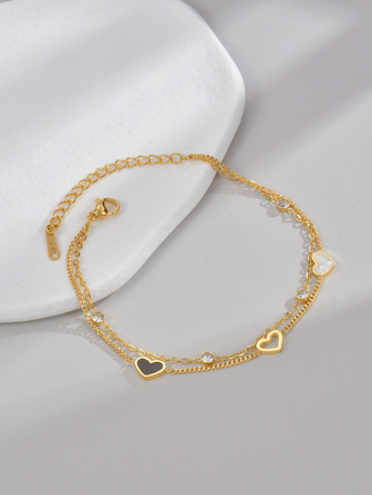 1 件不锈钢心形和贝壳设计女士双层手链，简约风格情人节、妈妈、母亲、母亲节、礼物