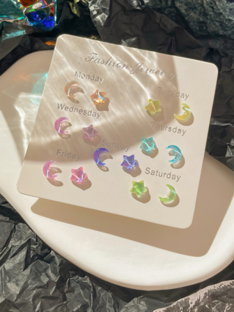 Colorful Crescent & Star Shaped Stud Earrings Set