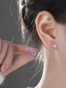 Colorful Crescent & Star Shaped Stud Earrings Set - Multicolor - View 4