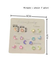 Colorful Crescent & Star Shaped Stud Earrings Set - Multicolor - View 6